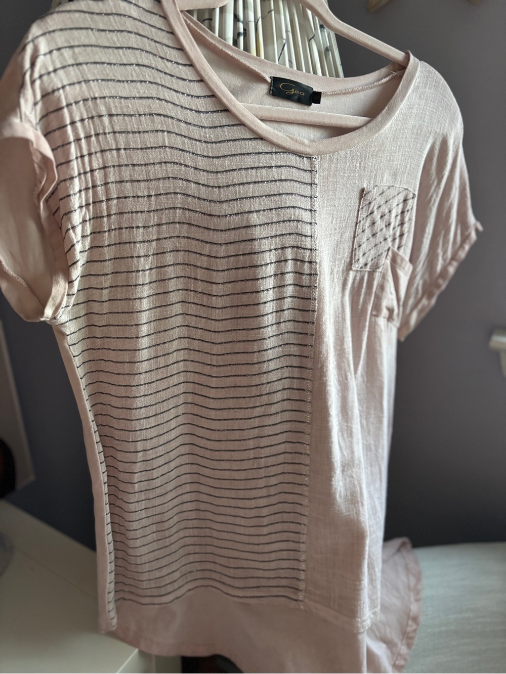 Light Blush Short Sleeve Striped Pocket Tee